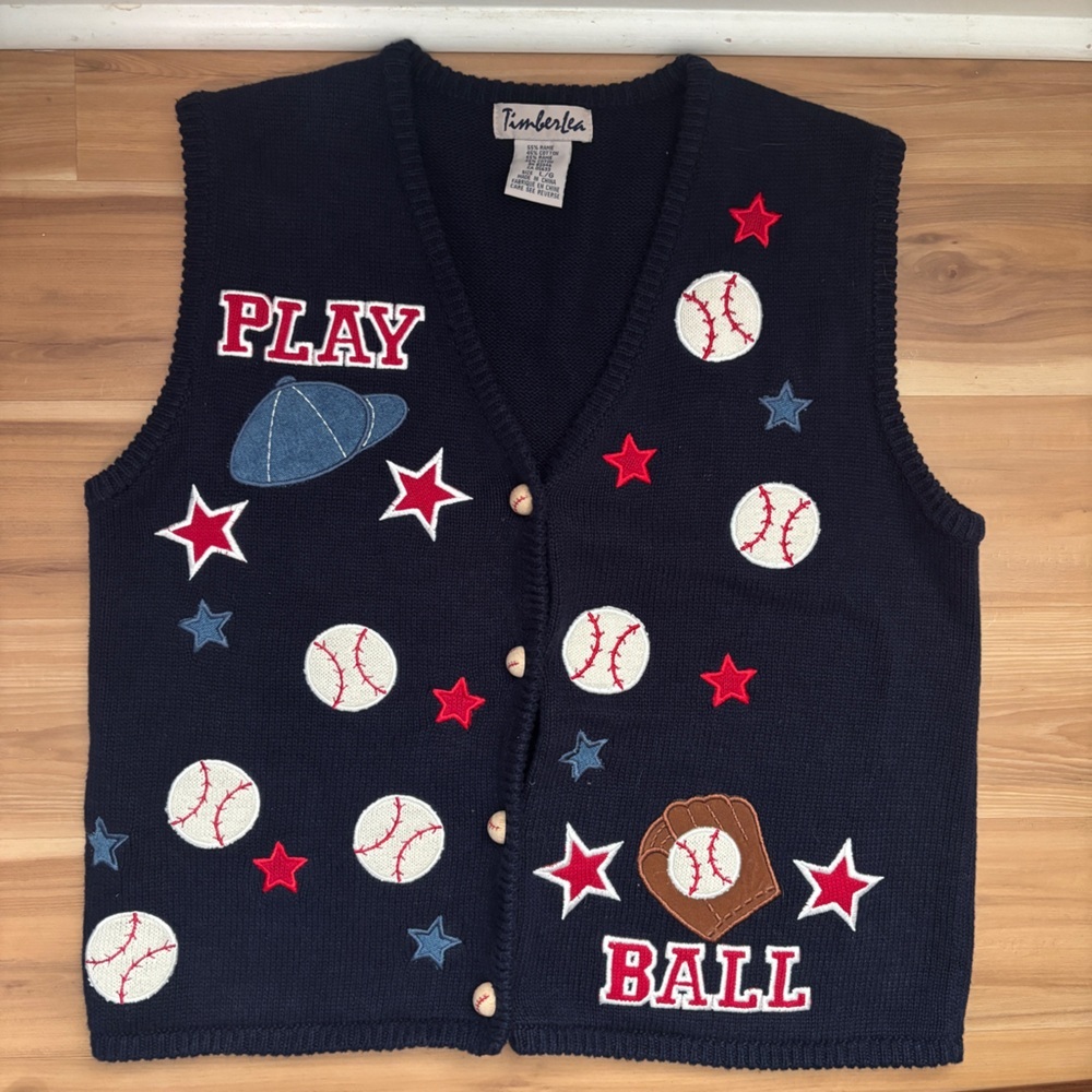 Vintage 80s Baseball Embroidered Knit Sleeveless Sweater V Neck Vest Sz Large